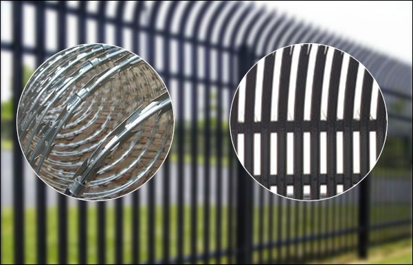 Pre galvanized and polyester coated steel fence with concertina coil top lines