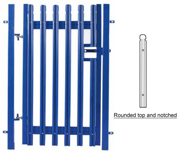 W style palisade panels with gates, powder coated blue