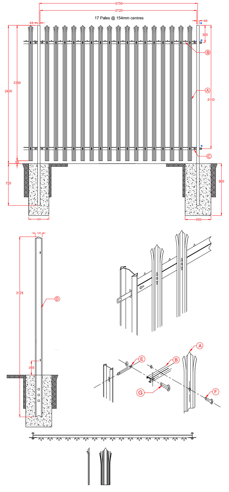 Palisade fencing system with panels and gates for celled sites