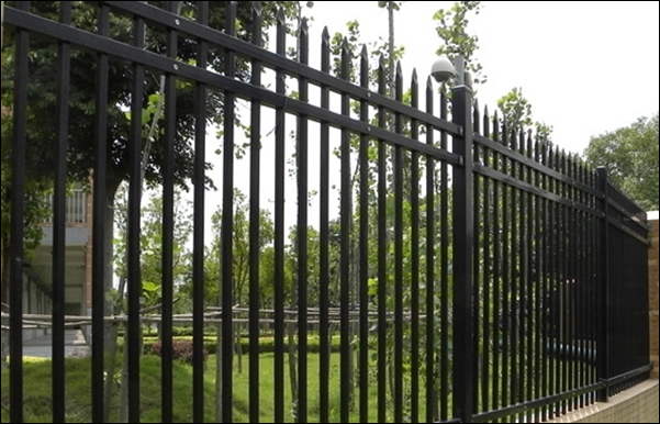 Black powder coated steel garrison fencing